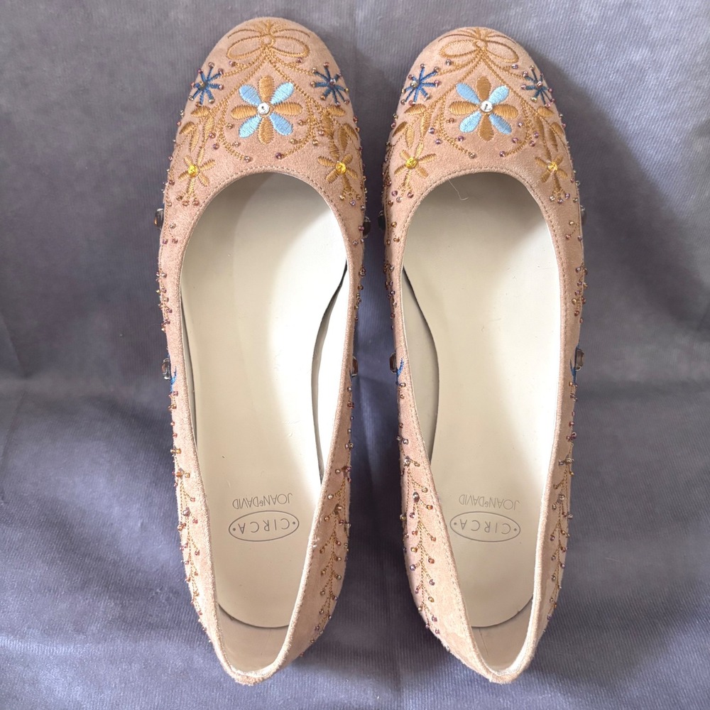Circa Joan & David Embroidered Beaded Suede Heel Womens 7 Tan Boho